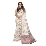 Women's Linen Cotton Printed Saree With Unstitched Blouse 5.5Mtr (Off White) - Image 2