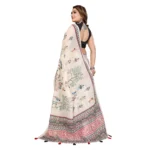 Women's Linen Cotton Printed Saree With Unstitched Blouse 5.5Mtr (Off White) - Image 6