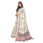 Women's Linen Cotton Printed Saree With Unstitched Blouse 5.5Mtr (Off White) - Image 5