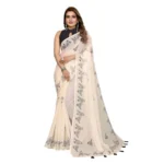 Women's Linen Cotton Printed Saree With Unstitched Blouse 5.5Mtr (Off White) - Image 2