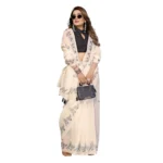 Women's Linen Cotton Printed Saree With Unstitched Blouse 5.5Mtr (Off White) - Image 5