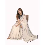 Women's Linen Cotton Printed Saree With Unstitched Blouse 5.5Mtr (Off White) - Image 2