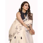 Women's Linen Cotton Printed Saree With Unstitched Blouse 5.5Mtr (Off White)