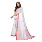 Women's Linen Cotton Printed Saree With Unstitched Blouse 5.5Mtr (White) - Image 2