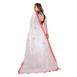 Women's Linen Cotton Printed Saree With Unstitched Blouse 5.5Mtr (White) - Image 6