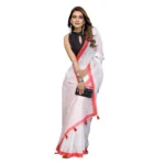 Women's Linen Cotton Printed Saree With Unstitched Blouse 5.5Mtr (White) - Image 3