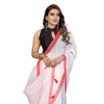 Women's Linen Cotton Printed Saree With Unstitched Blouse 5.5Mtr (White)