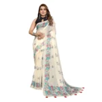 Women's Linen Cotton Printed Saree With Unstitched Blouse 5.5Mtr (Off White) - Image 2