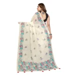 Women's Linen Cotton Printed Saree With Unstitched Blouse 5.5Mtr (Off White) - Image 3