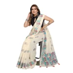 Women's Linen Cotton Printed Saree With Unstitched Blouse 5.5Mtr (Off White) - Image 4