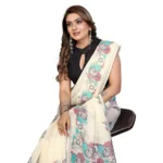 Women's Linen Cotton Printed Saree With Unstitched Blouse 5.5Mtr (Off White)