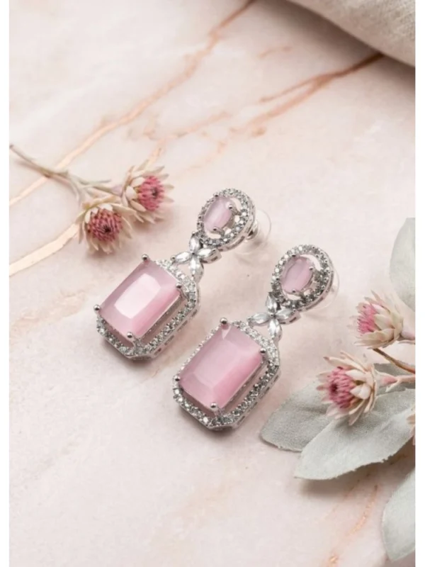 Women's Brass Silver Plated Drop Earrings (Pink)