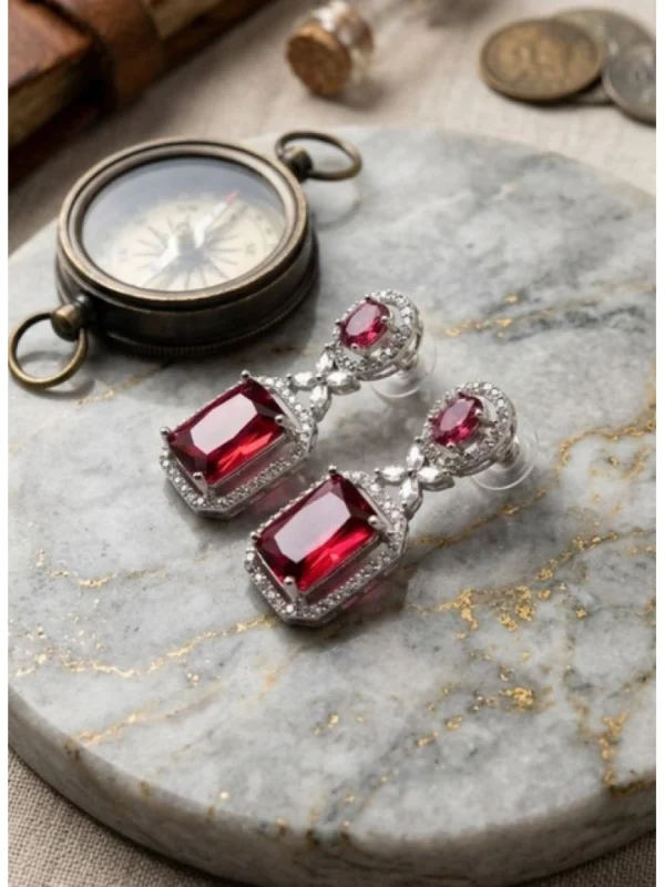 Women's Brass Silver Plated Drop Earrings (Red)