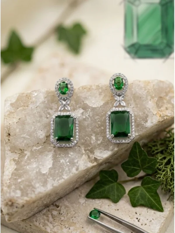 Women's Brass Silver Plated Drop Earrings (Green)