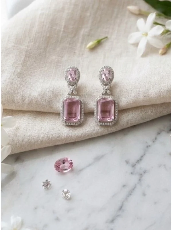Women's Brass Silver Plated Drop Earrings (Pink)