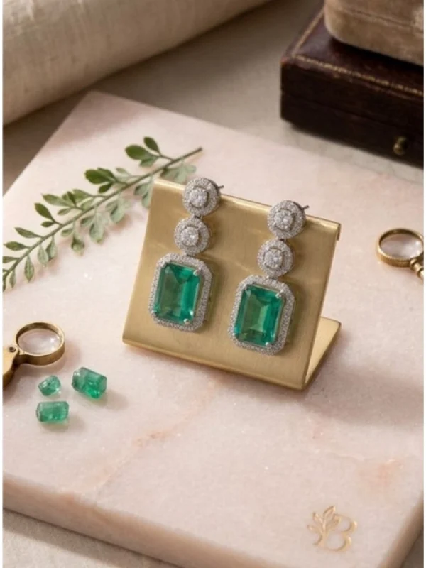 Women's Brass Silver Plated Drop Earrings (Green)