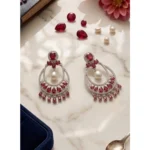 Women's Brass Silver Plated Chandbali Earrings (Red)
