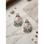 Women's Brass Silver Plated Chandbali Earrings (Multicolor)