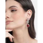 Women's Brass Silver Plated Drop Earrings (Red) - Image 3