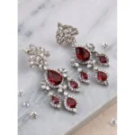 Women's Brass Silver Plated Drop Earrings (Red)