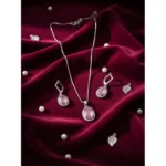 Women's Brass Silver Plated Pendant Set (Pink) - Image 4