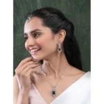 Women's Brass Silver Plated Pendant Set (Green) - Image 4
