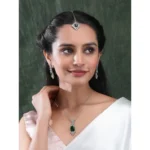 Women's Brass Silver Plated Pendant Set (Green) - Image 3