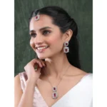 Women's Brass Silver Plated Pendant Set (Red) - Image 4