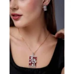 Women's Brass Silver Plated Pendant Set (Red) - Image 4