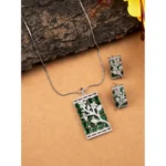 Women's Brass Silver Plated Pendant Set (Green) - Image 4