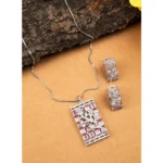 Women's Brass Silver Plated Pendant Set (Pink) - Image 4