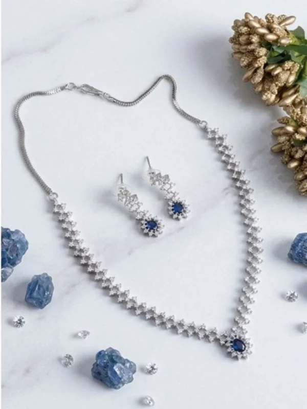 Women's Brass Silver Plated Necklace set (Blue)