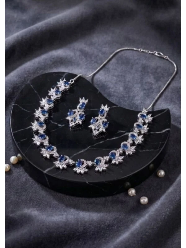 Women's Brass Silver Plated Necklace set (Blue)
