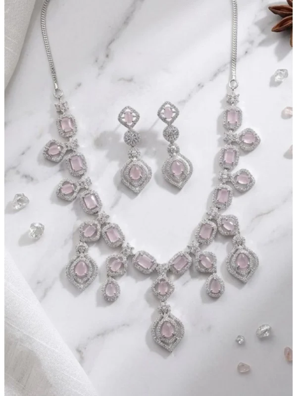 Women's Brass Silver Plated Necklace set (Pink)