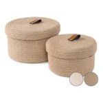 Cotton 2 Pcs Set Roti Box Storage Basket With Lid (Beige) - Image 3