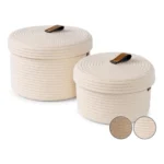 Cotton 2 Pcs Set Roti Box Storage Basket With Lid (White) - Image 3