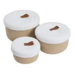 Cotton 3 Pcs Set Roti Box Storage Basket With Lid (Beige-White) - Image 4