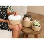 Cotton 3 Pcs Set Roti Box Storage Basket With Lid (Beige-White) - Image 3
