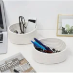 Cotton 8x3 Inch Round 2 Set Bedside Organizer With Out Lid (White) - Image 2