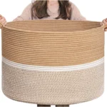 Cotton Dori 16x14 Inch Storage Basket For Clothes With Out Lid (Beige-Beige-White) - Image 4