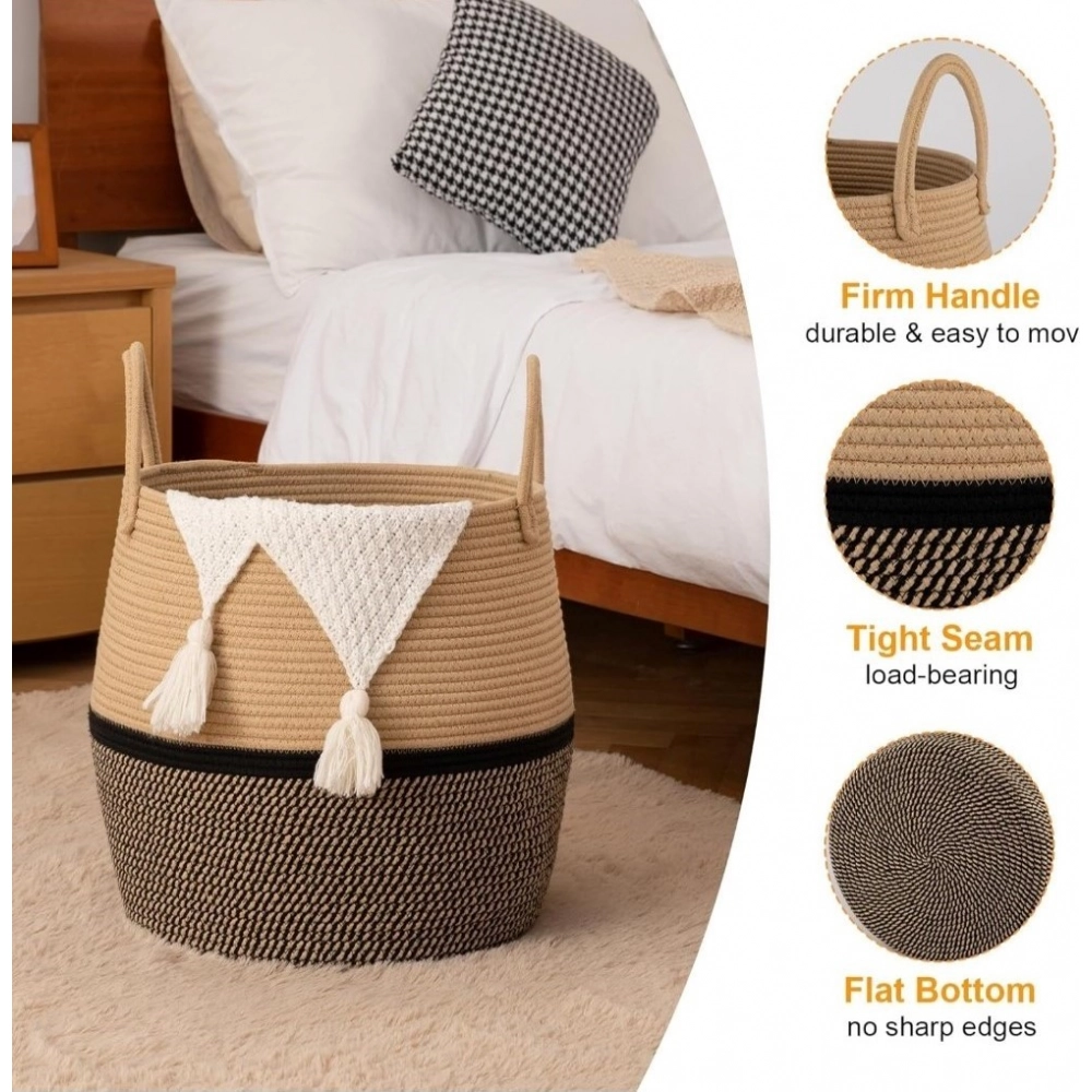 PID-66392-Cotton-Pack-Of-1-Matka-With-Handle-14x12-Inch-Storage-Basket-For-Clothes-With-Out-Lid-Be-1000x1000-1.webp Cotton Matka With Handle 14x12 Inch Storage Basket For Clothes With Out Lid (Beige-Black) - Image 1