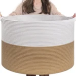 Cotton Pack Of_1 16x14 Inch Storage Basket For Clothes With Out Lid (Beige-White)