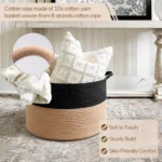 Cotton Pack Of_1 16x14 Inch Storage Basket For Clothes With Out Lid (Black-Beige) - Image 3