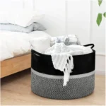 Cotton Dori 16x14 Inch Storage Basket For Clothes With Out Lid (Black-Black-White) - Image 3