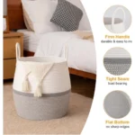 Cotton Matka With Handle 14x12 Inch Storage Basket For Clothes With Out Lid (Gray-White) - Image 3