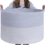 Cotton Pack Of_1 16x14 Inch Storage Basket For Clothes With Out Lid (Blue-White) - Image 4