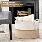 Cotton Dori 16x14 Inch Storage Basket For Clothes With Out Lid (White-Beige-White)