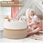 Cotton Dori 16x14 Inch Storage Basket For Clothes With Out Lid (White-Beige-White) - Image 3