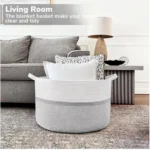 Cotton Dori 16x14 Inch Storage Basket For Clothes With Out Lid (White-Gray-White) - Image 3