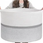 Cotton Dori 16x14 Inch Storage Basket For Clothes With Out Lid (White-Gray-White) - Image 4